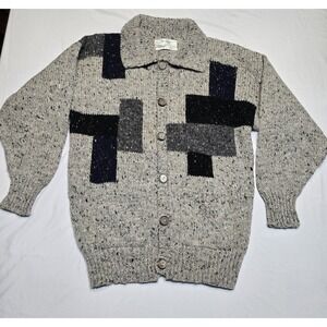 Vtg Heritage of Ireland Pure Wool Intarsia Cardigan Sweater Mens Large Grey Blue
